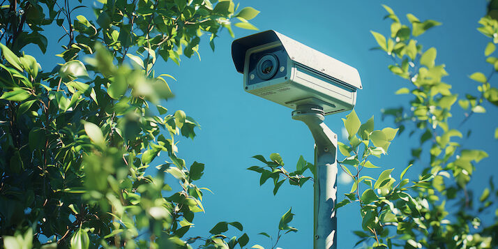Outdoor security camera installed on a commercial building
