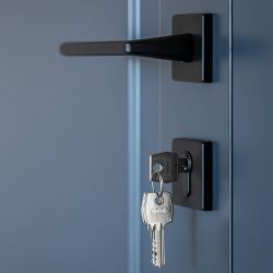 Side view of a blue door with a black handle and keys on a ring, clean lines and negative space shape a modern minimalist mood.